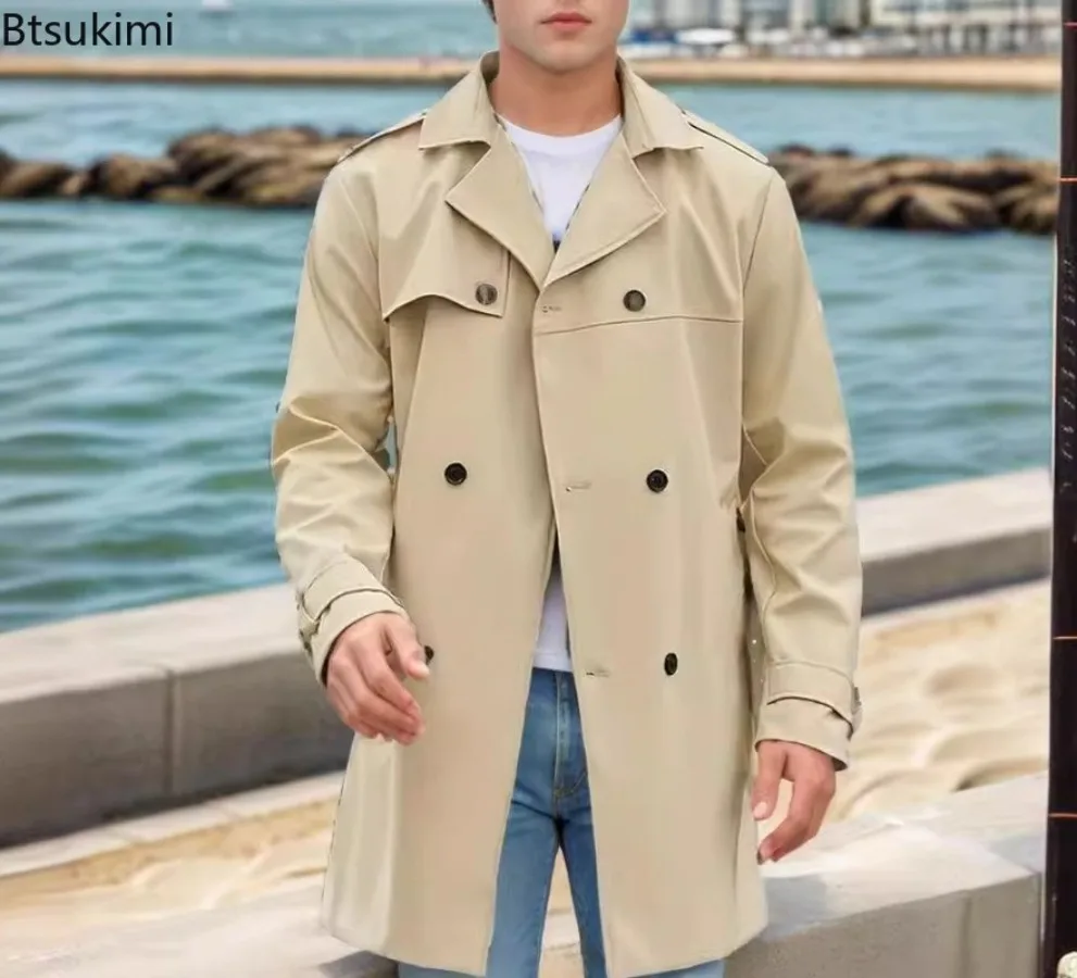 2026 Men's Trench Coats Fashion Solid Long Sleeve Windbreaker Jackets for Men Spring Autumn Lapel Double-breasted Casual Coats