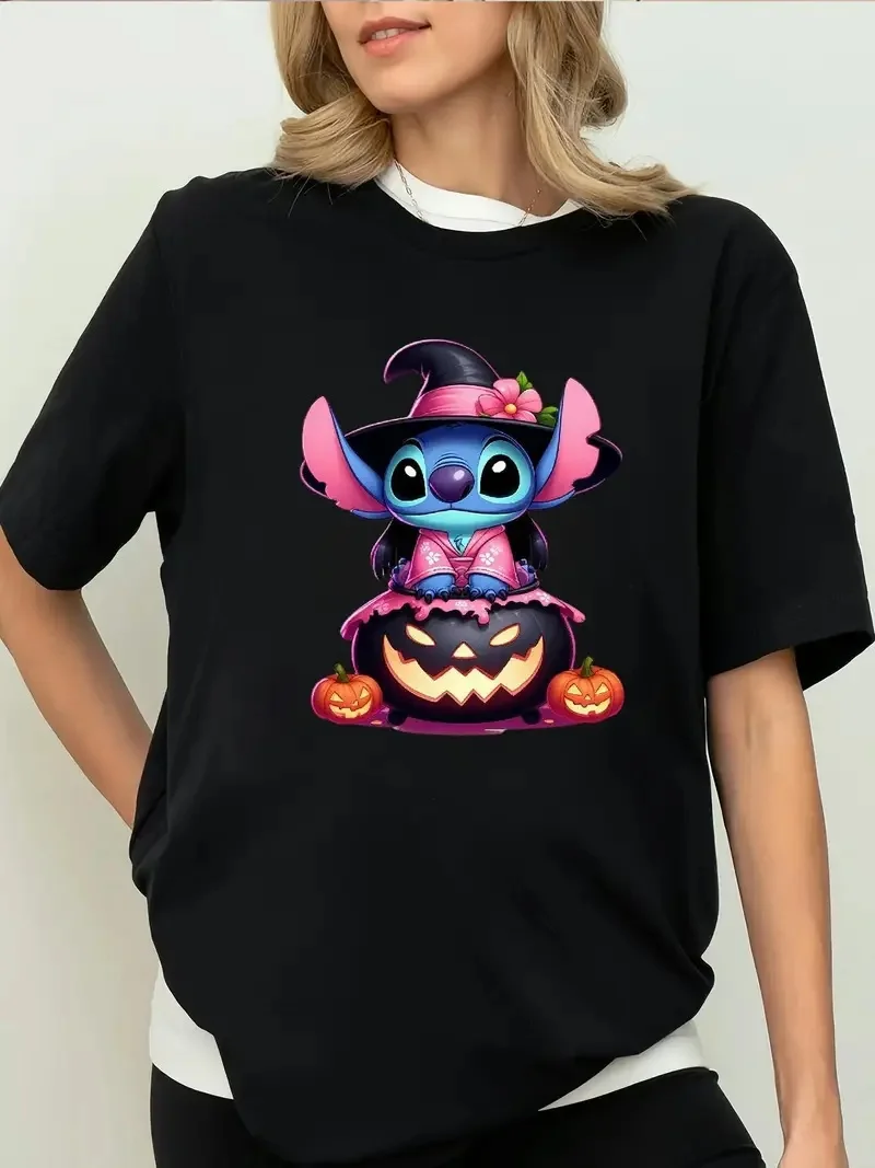 

2025 Disney Pattern Printed Women's Casual Comfortable Unique Smiling Face Black Round Neck Short Sleeve T-shirt