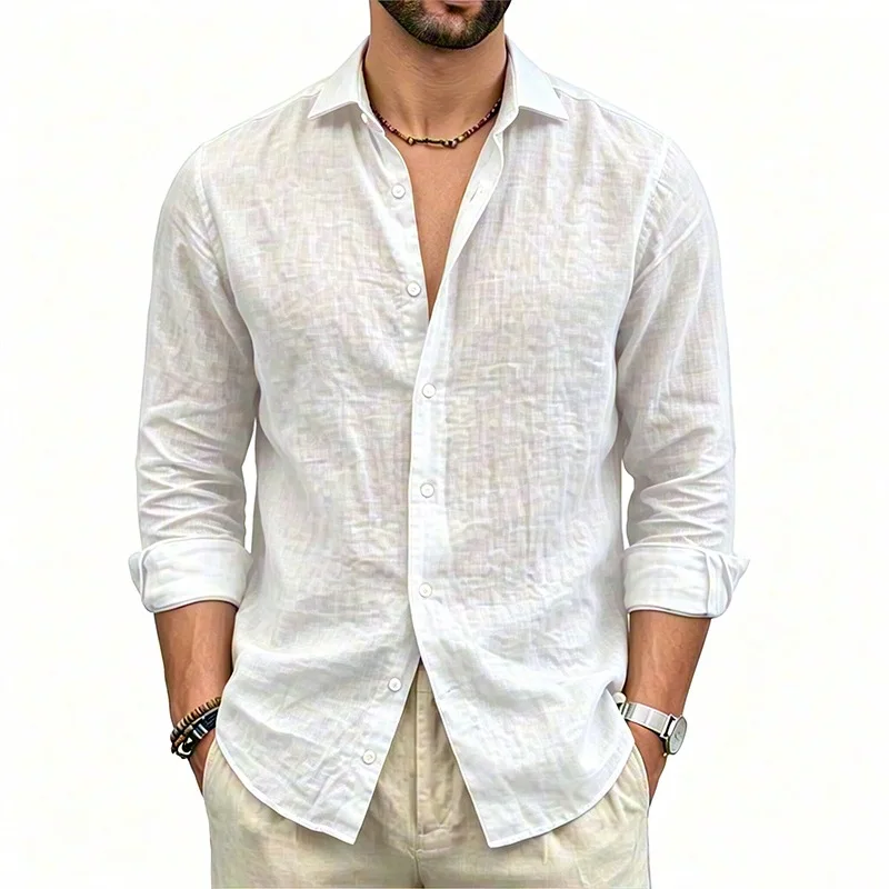2026 Summer Men's Long Sleeve Casual Shirts Cotton Linen Breathable Solid Shirt Male Lightweight Turn Down Collar Blouseloose
