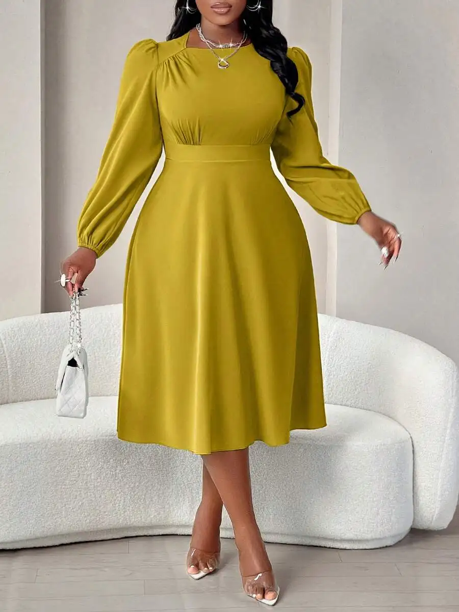 Elegant Long Sleeve Flared Midi Dress For Women Solid Green Formal Casual Outing