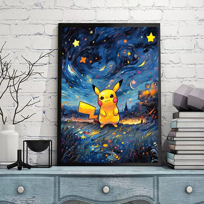 Pokemon Van Gogh Starry Sky Anime Figures Pikachu Watercolor Painting Canvas Posters and Prints Wall Art Picture for Living Room