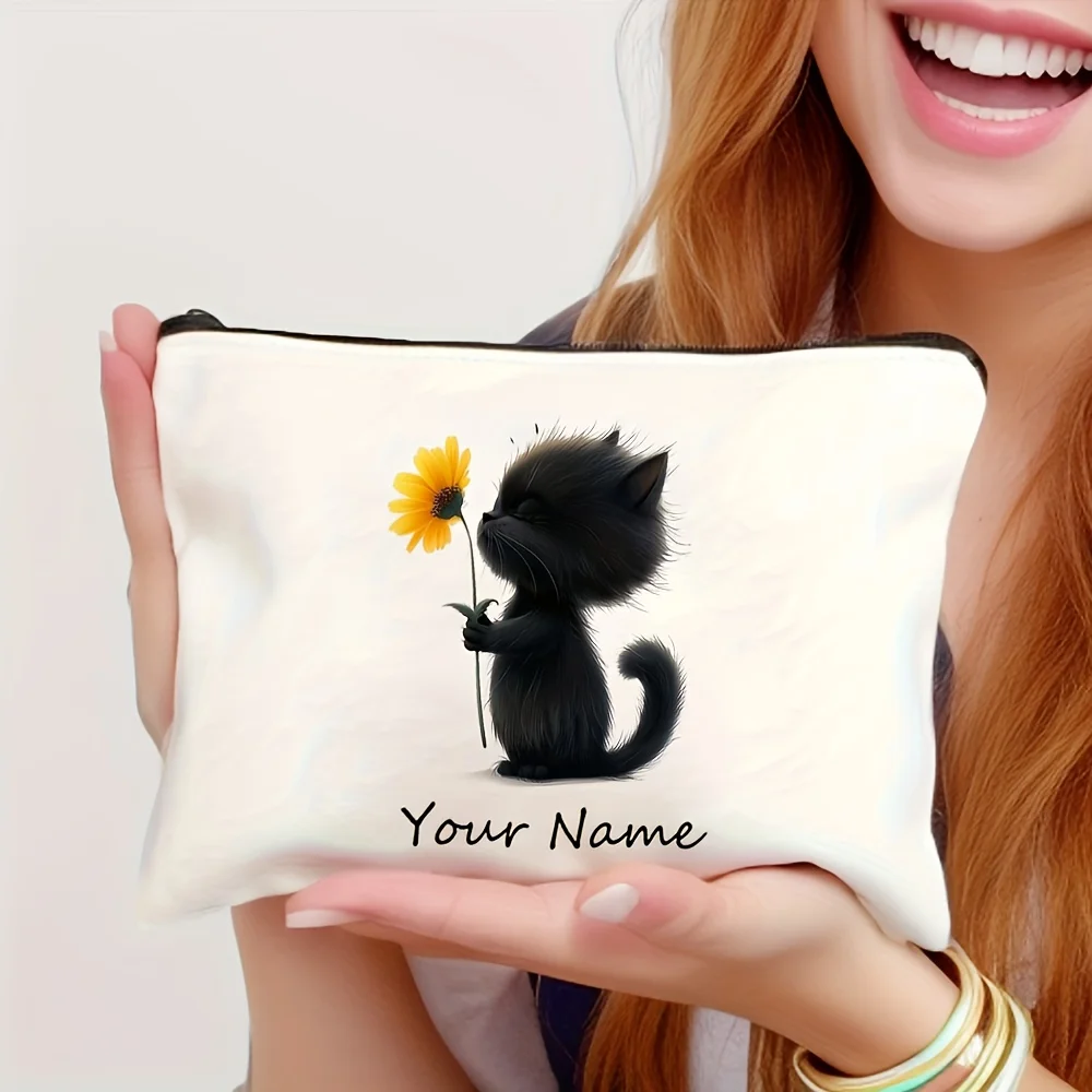 Personalized Makeup Bag Customizable Name/Text Cute Black Cat and Sunflower Design Spacious Zippered Travel Cosmetic Case