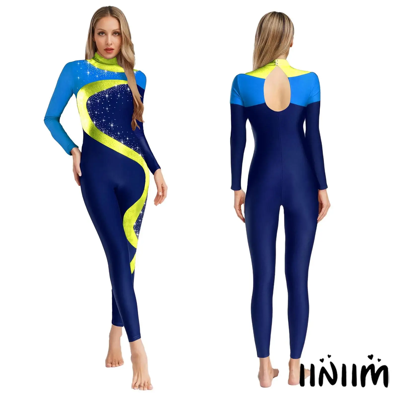 

Womens Gymnastics Bodysuit Mock Neck Long Sleeve Back Hollow Out Shiny Rhinestones Jumpsuit Dance Skating Daily Casual Wear