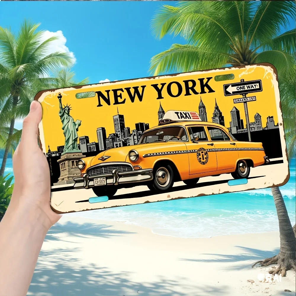 2D Flat, 1 Piece Vintage New York Taxi License Plate Frame and Cover - Vintage New York Taxi, Heavy-Duty Iron Structure, 15.24X30.48 cm