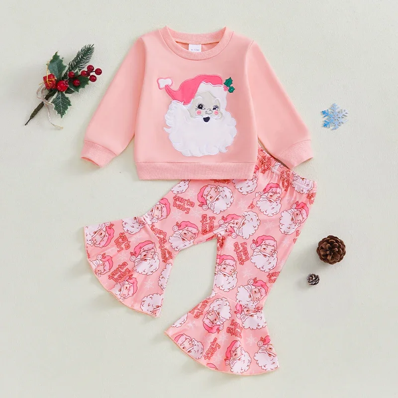 2024-07-27 Lioraitiin Toddler Girl Christmas Outfits Santa Embroidery Long Sleeve Sweatshirts and Flare Pants 2Pcs Clothes Set