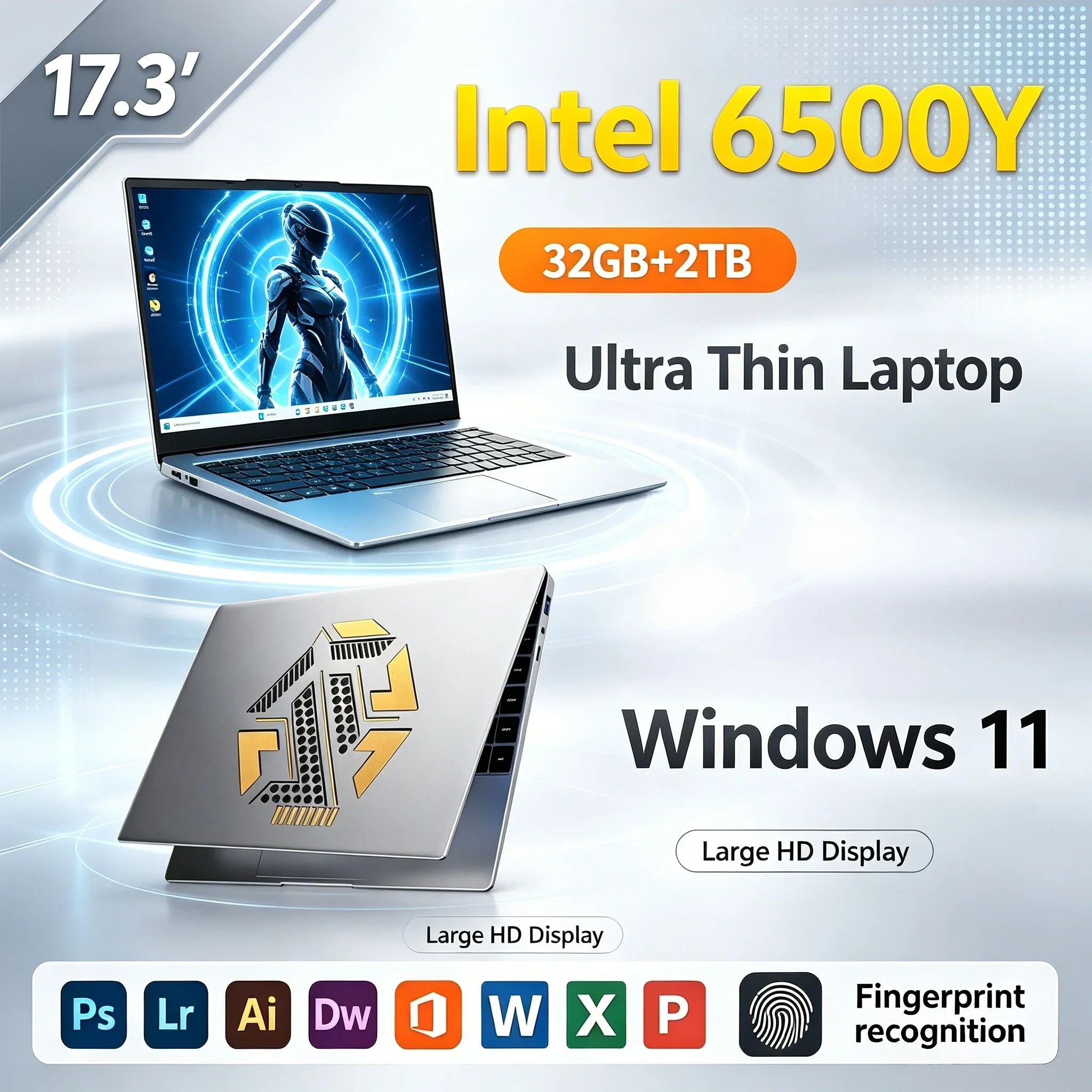 Portable 17'' Inch HD Notebook Intel 6500Y 32GB RAM 1TB/2TB SSD Windows 11 WiFi6 BT5.2 Daily Home Office Study Laptop Computer