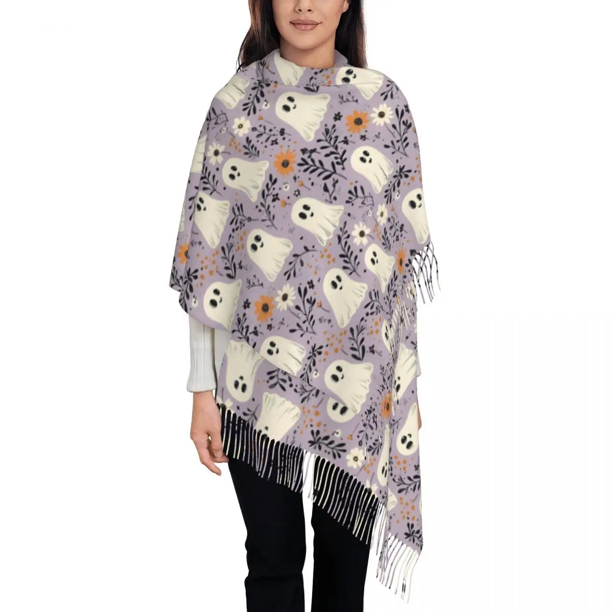 Halloween Wildflower Ghosts Pattern Scarf for Womens Winter Cashmere Shawls and Wrap Single-sided Pattern Scarves with Tassel