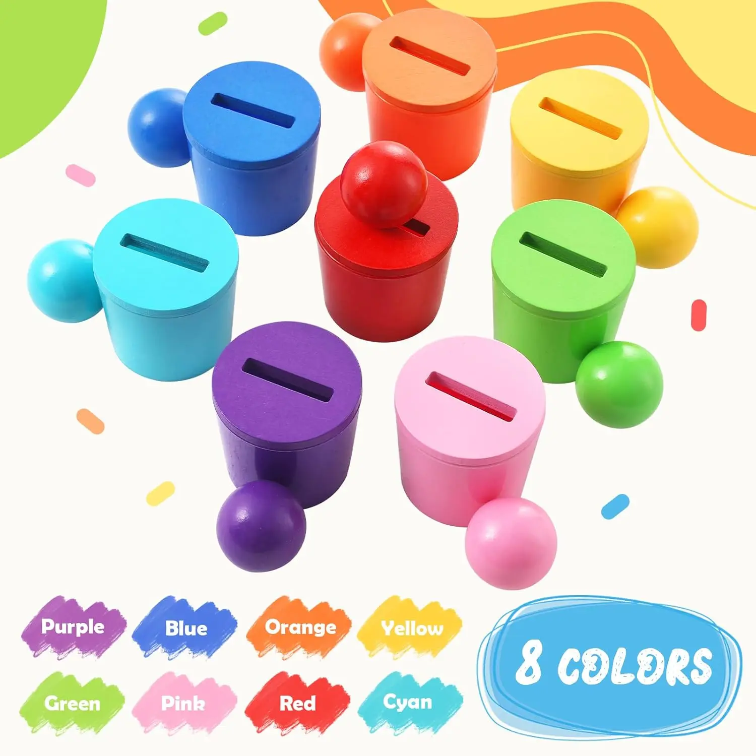 Montessori Wooden Toy Color Matching Game Rainbow Balls in Cups Early Education Learning Toys for Preschool Children Age 3+