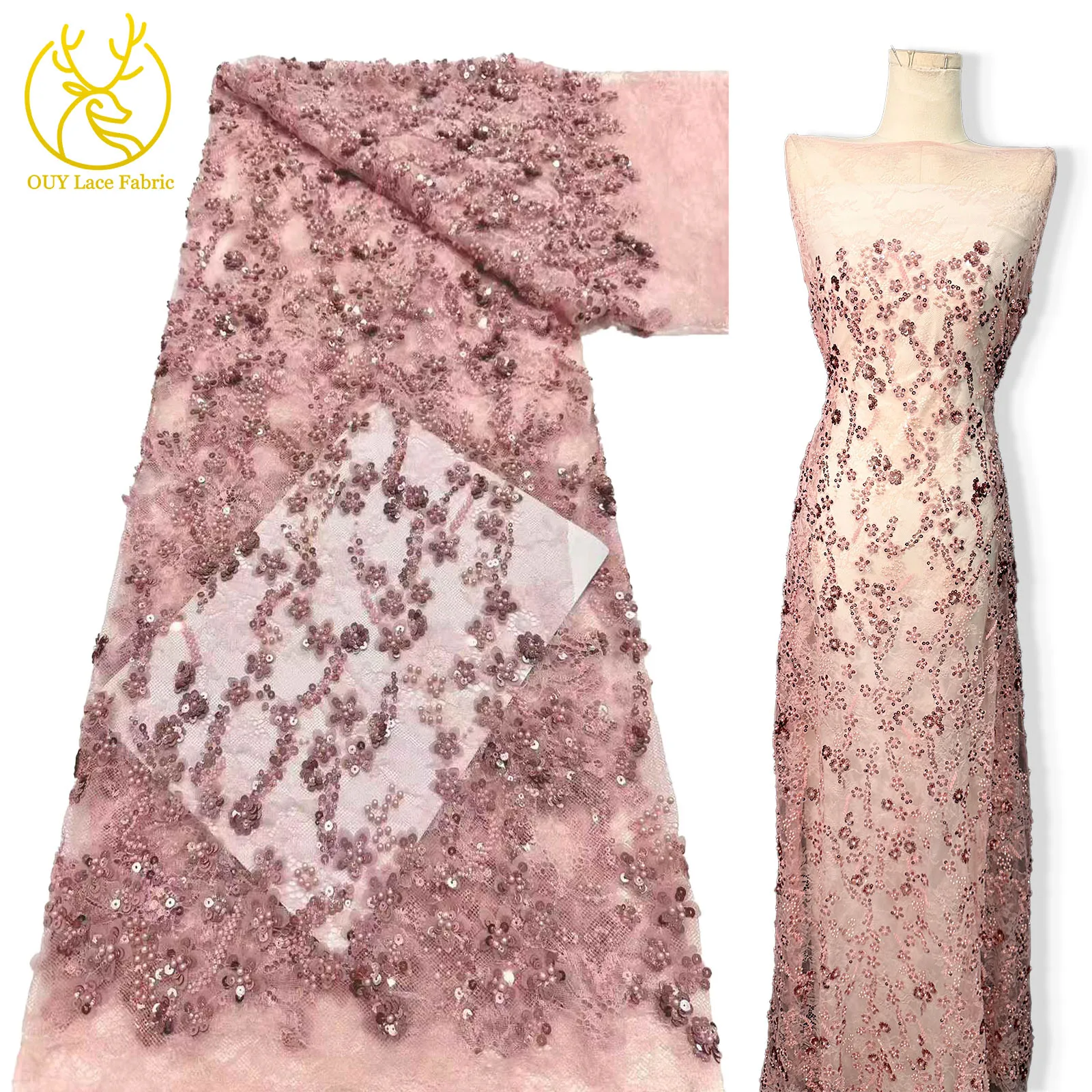

Newest African Luxury Beaded Tulle Lace Fabric 2025 Handmade in France Nigeria With Tons of Sequins and Beads For Wedding Dresse