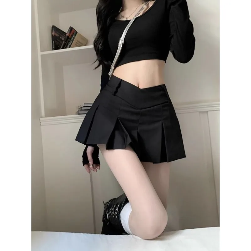 Womens Irregular V Waist Pleated Mini Skirt High Waist Anti Exposure Liner Casual Short Skort