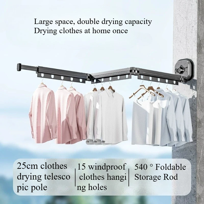 

Wall Mount Folding Clothes Drying Rack With Retractable Extension Pole Reusable 3-Fold Clothes Drying Rack Home Space Saver