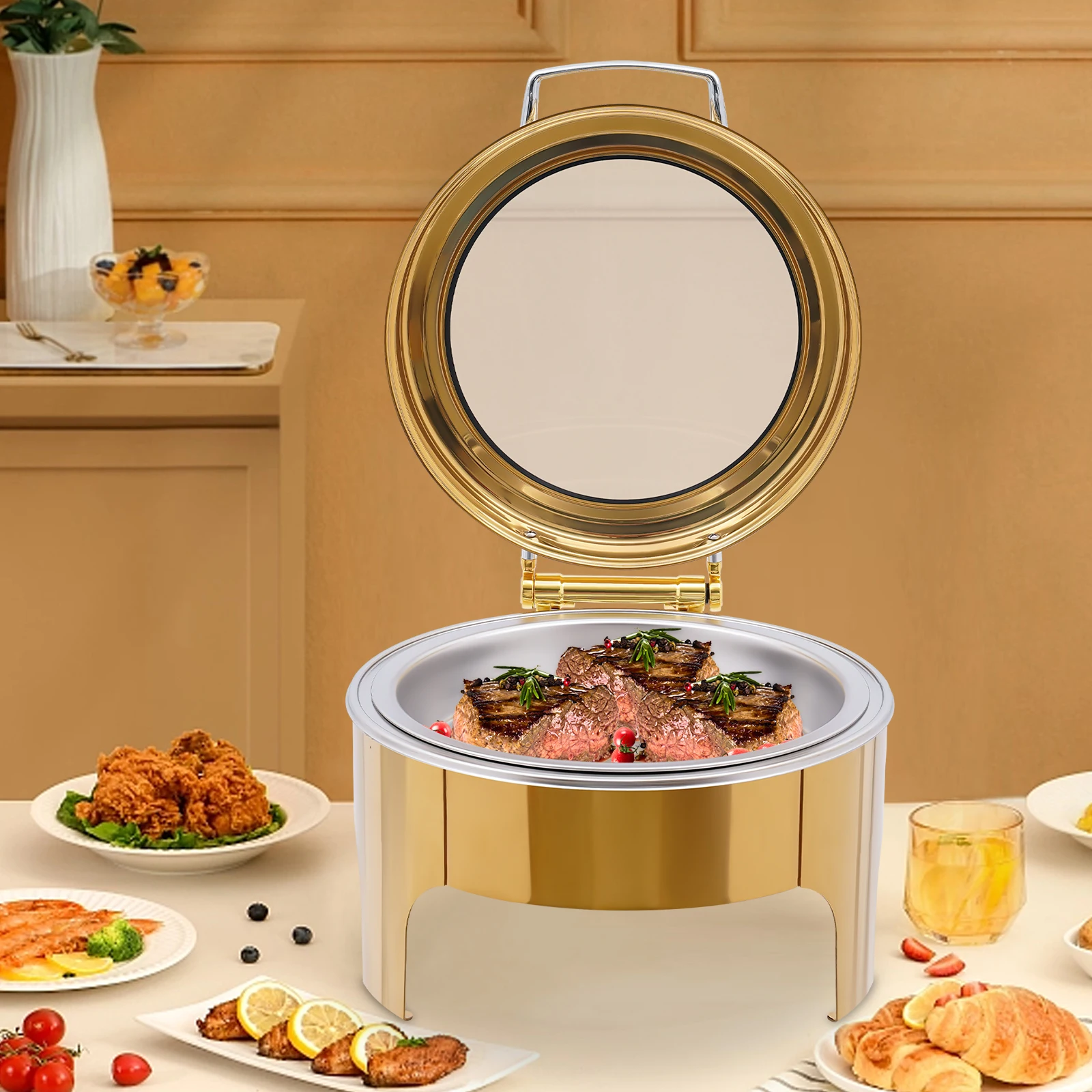 

Gold Single Compartment Buffet Chafing Dish 6L, Stainless Steel Food Warmer with Alcohol Stove, Catering Serving Dish for Buffet