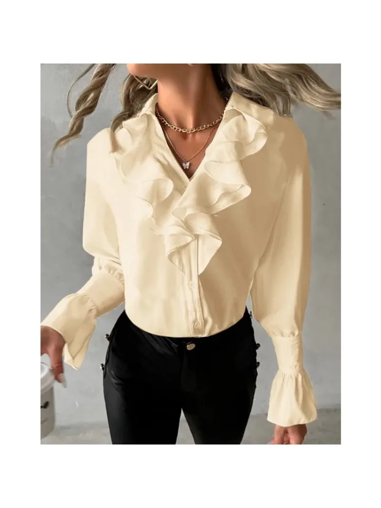 

Women's Fashion Ruffle Edge Petal Sleeve Blouse Elegant Commuting Long Sleeved Blouse V-neck Solid Color Holiday Leisure Top