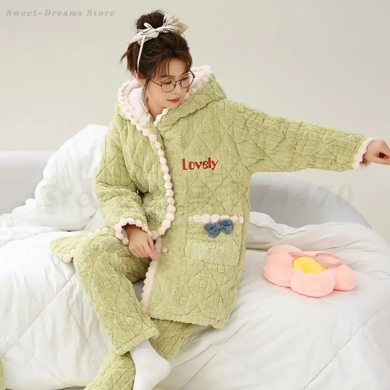 

Новые утолщенные теплые пижамы с капюшоном, милый милый пижамный комплект из кораллового флиса, женская одежда для сна, зимняя ночная рубашка, домашняя одежда