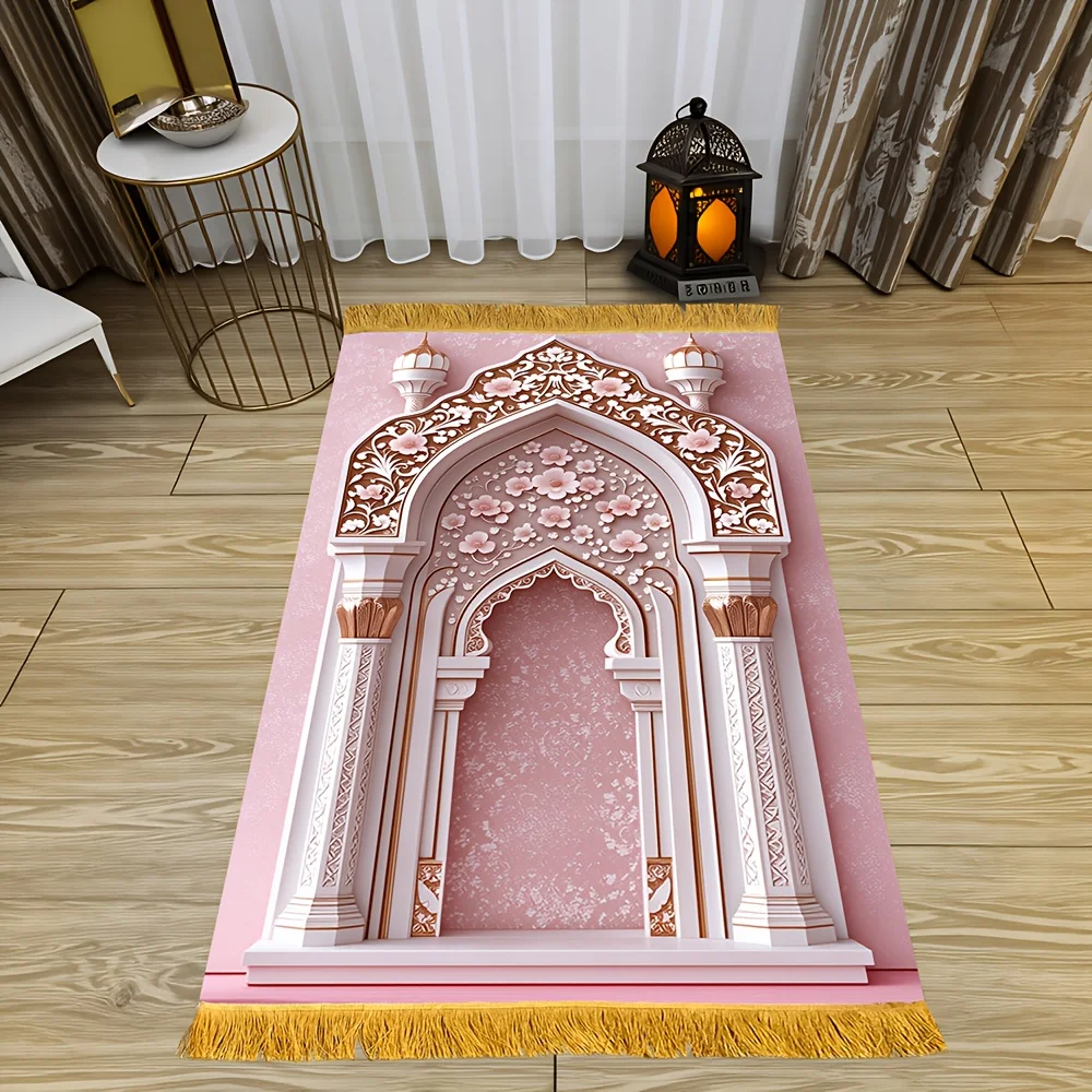 Pink Gold Floral Arch Islamic Prayer Rug Polyester Portable Muslim Salah Mat Ramadan 2026 Gift Home Decor Prayer Carpet