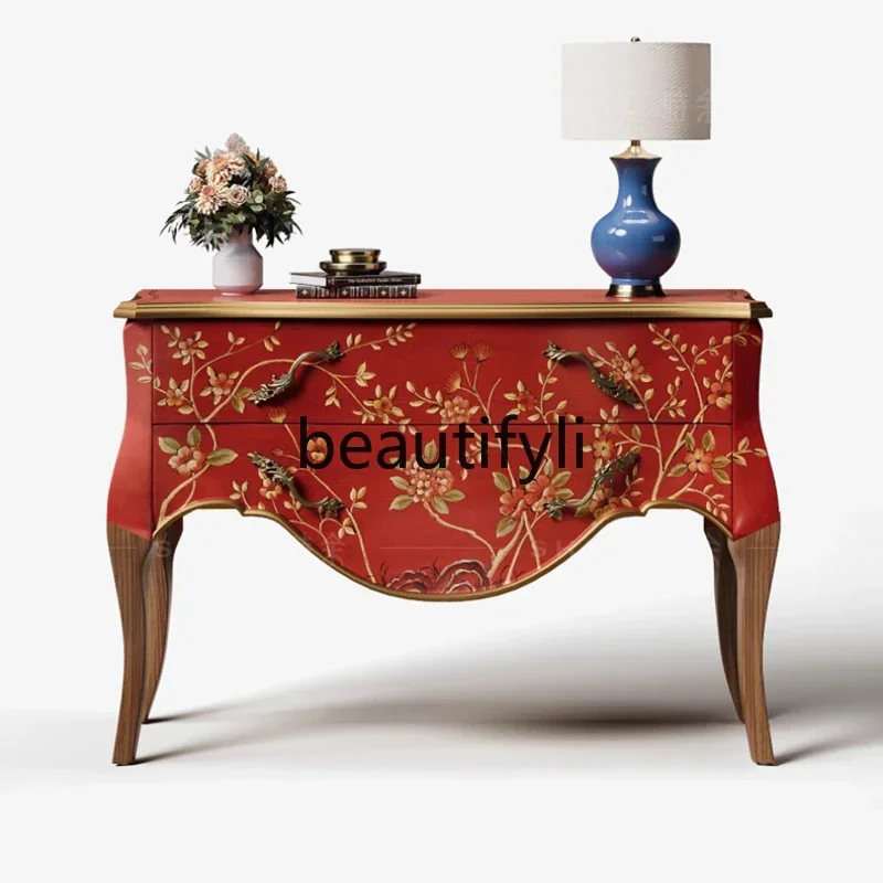 zqxPainted decorative entrance cabinet, antique living room, French bedside dressing, American all-solid wood side cabinet