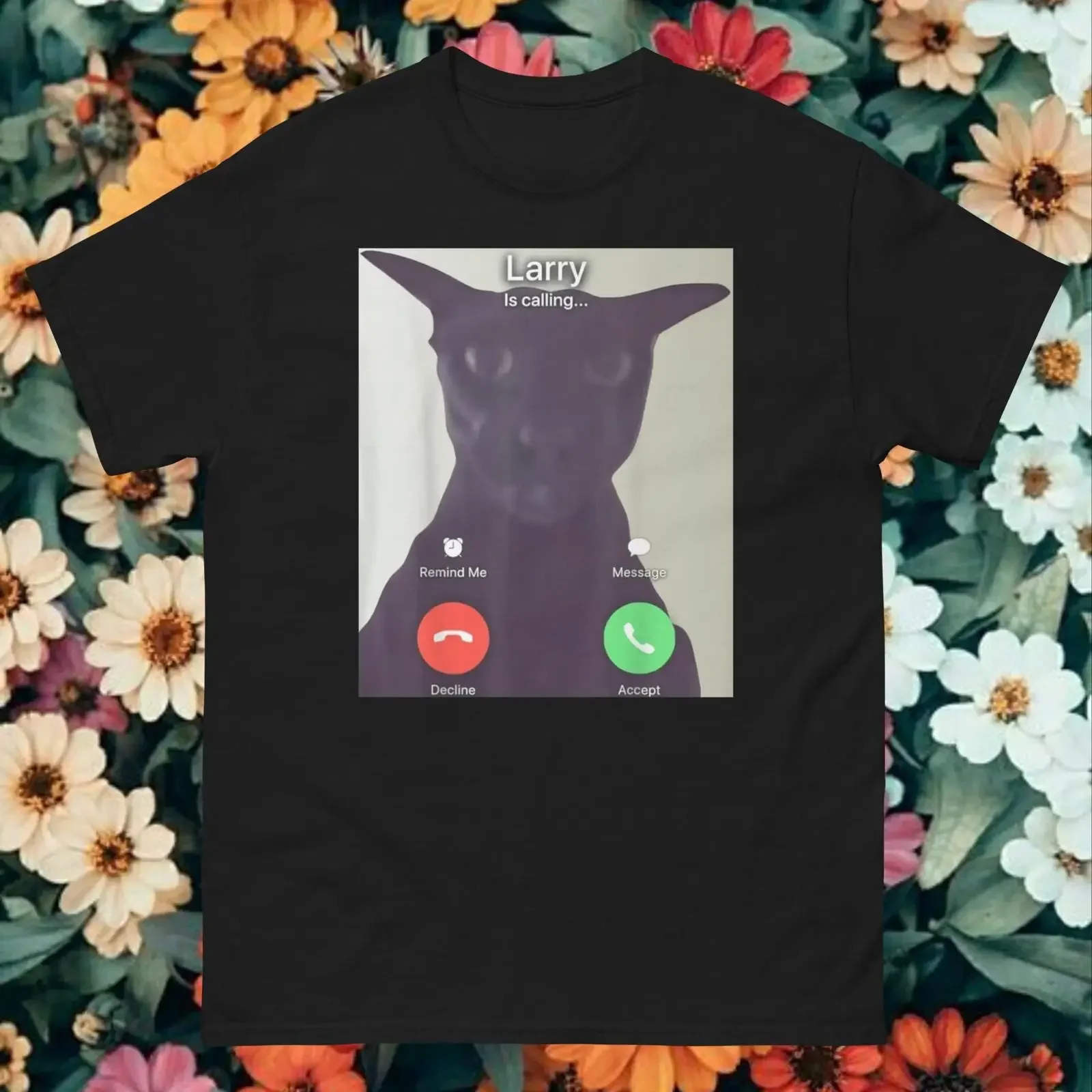 Larry Is Calling Funny Black Cat Meme T Shirt Viral Incoming Call Humorous For Lovers vintage Washed Top For Everyday Wear