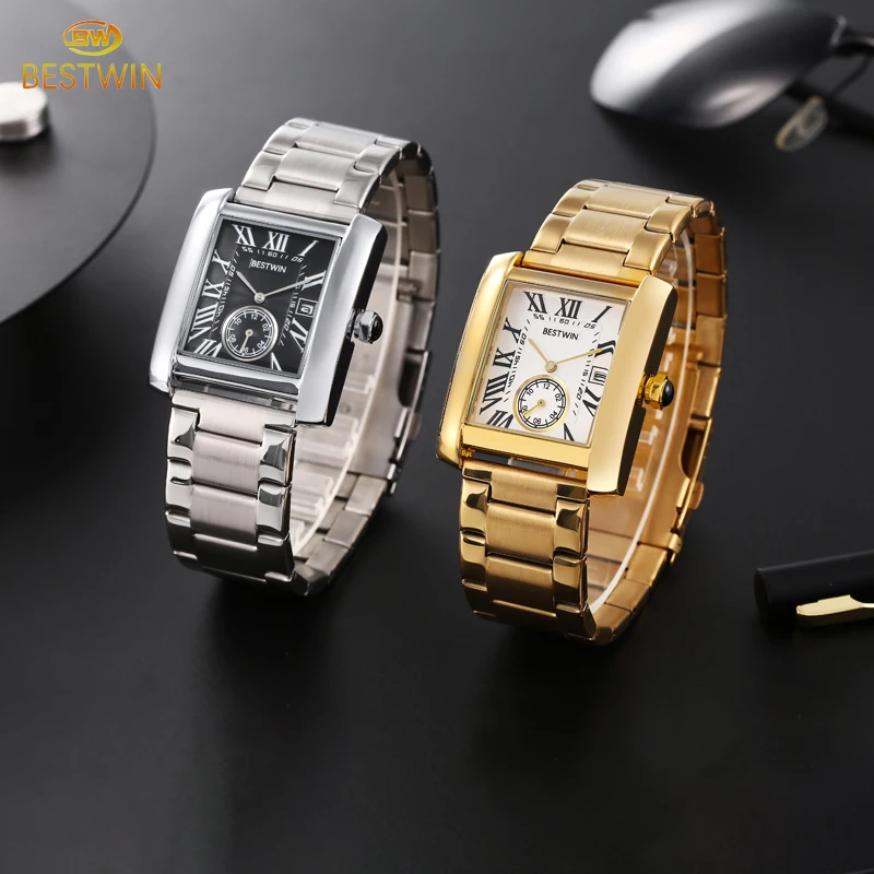 Classic retro fashion square dial display calendar Roman numerals dual pointer quartz waterproof men\'s watch high-end exquisite