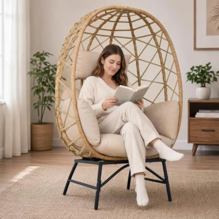 Outdoor Wicker Egg Chair with Cushion, Patio Lounge Chair All-Weather Resin Wicker, Beige, UV-Resistant Weatherproof