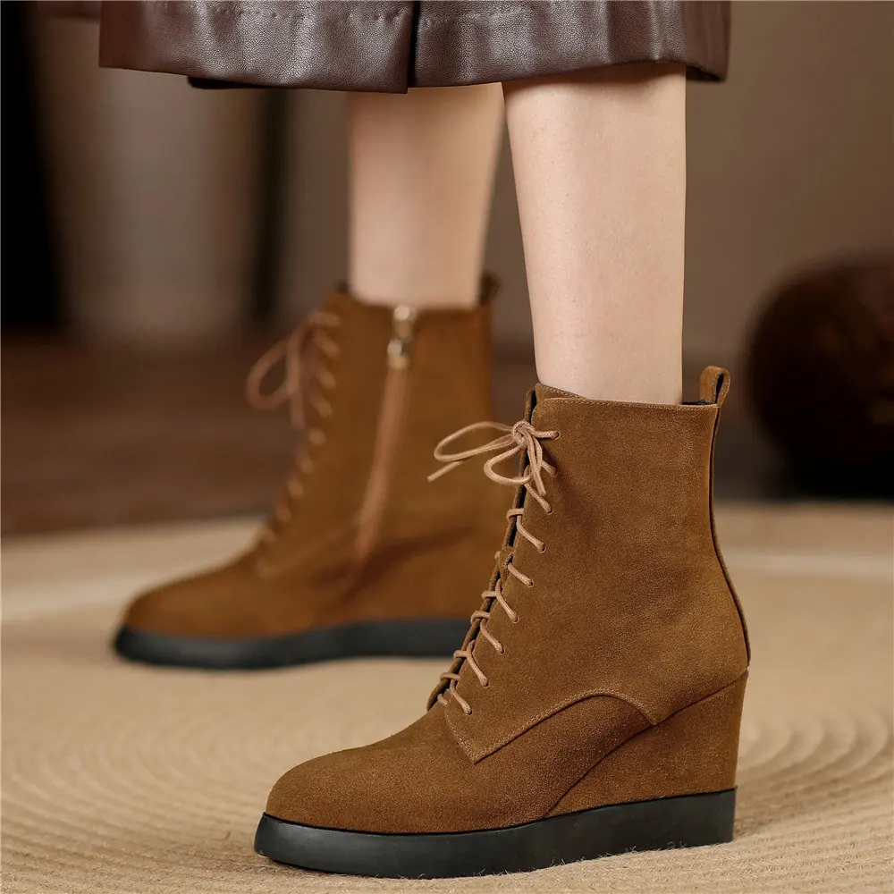 Women\'s Suede Leather Ankle Boots Lace Up Platform Wedge High Heel Western Chelsea Oxfords Casual Shoes