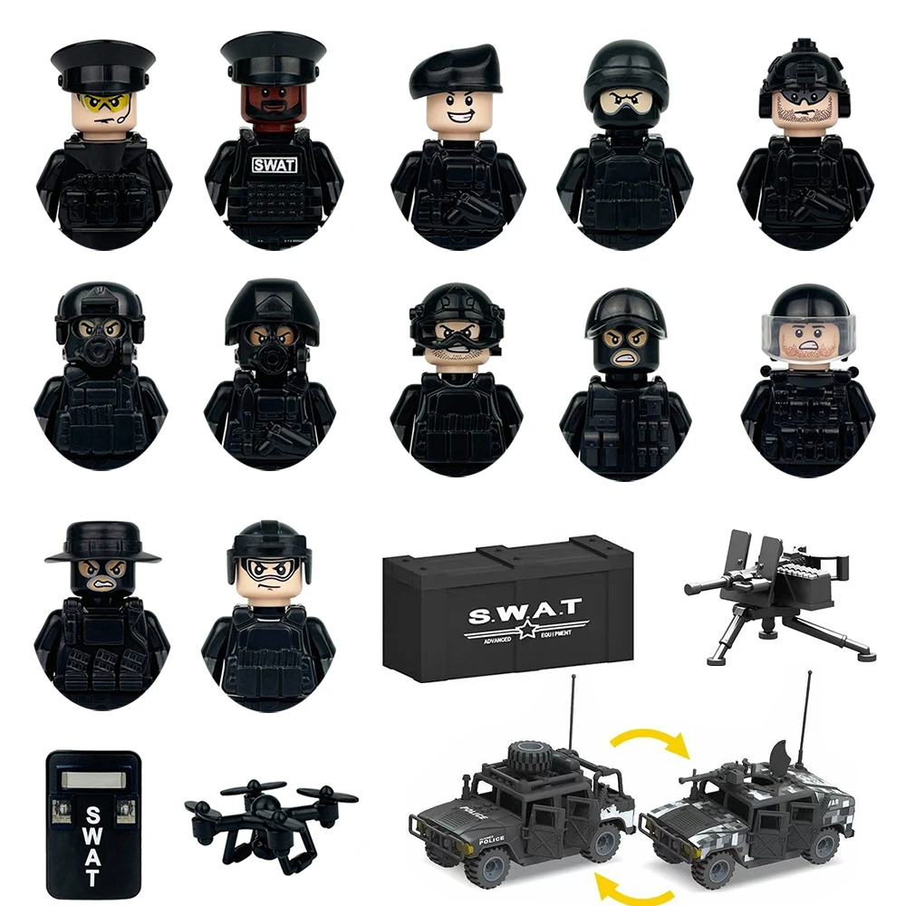 Jouets de construction militaires, forces spéciales, SWAT, gangsters, modèles de voitures tout-terrain, soldats, armes, figurines à assembler