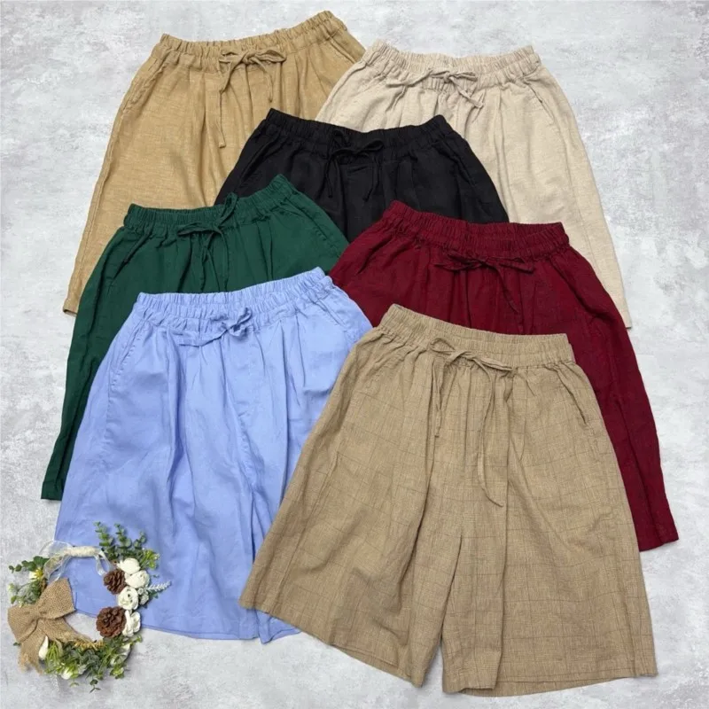 

Johnature Japanese Linen Five-point Shorts Pants 2025 Summer New Solid Color Comfortable Casual Elastic Waist Women Pants