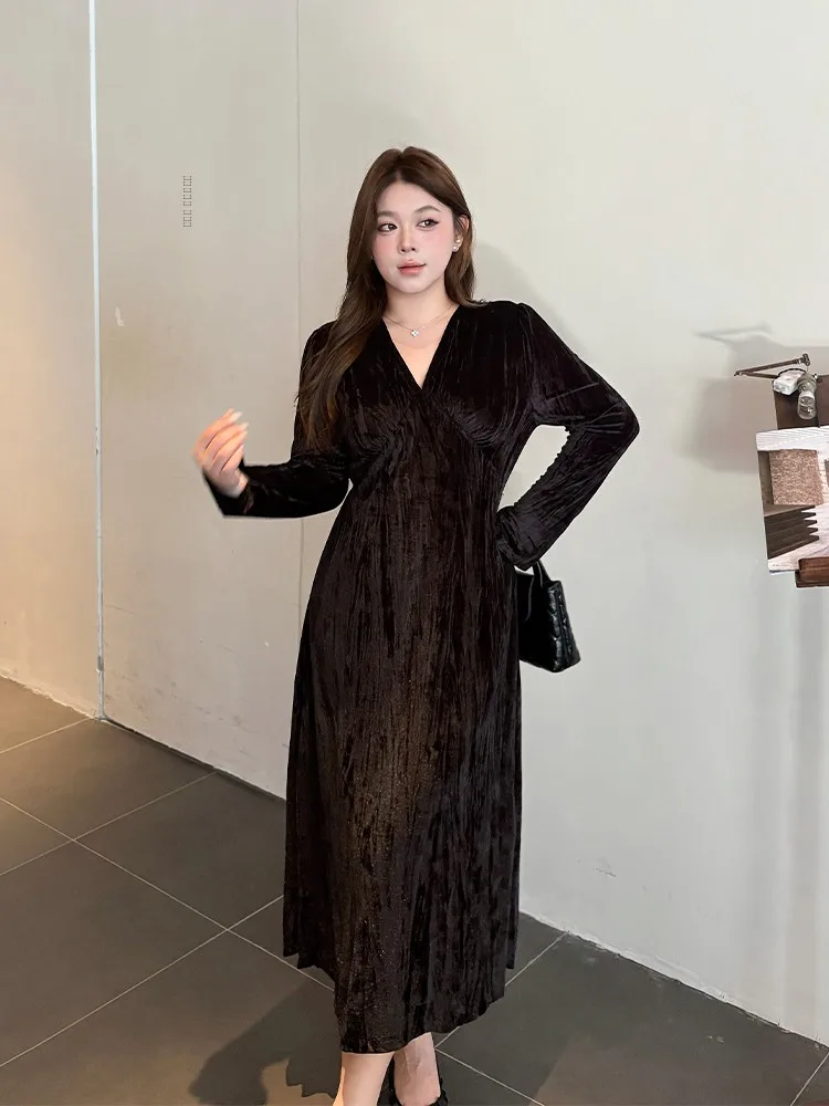 

Элегантное бархатное платье с V-образным вырезом и длинной юбкой, подчеркивающее талию, для полных женщин, в французском стиле, для повседневной носки и офиса