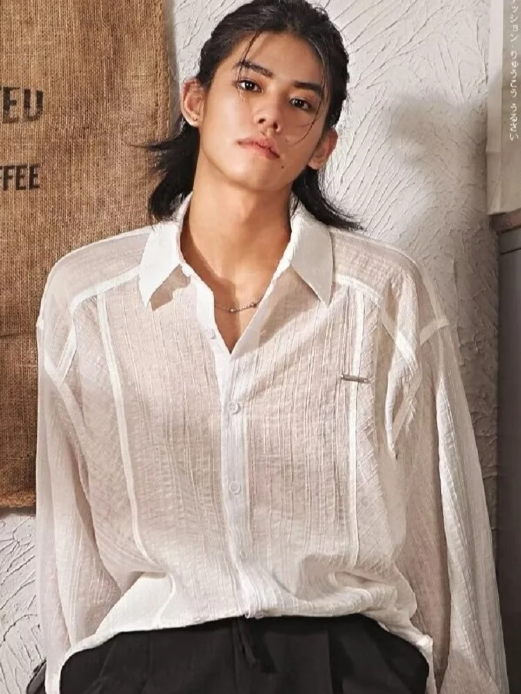 

Мужская рубашка свободного кроя с длинными рукавами, повседневная, дышащая, тонкая, летняя, с защитой от солнца, белая, текстурированная, в ретро-стиле, модная...