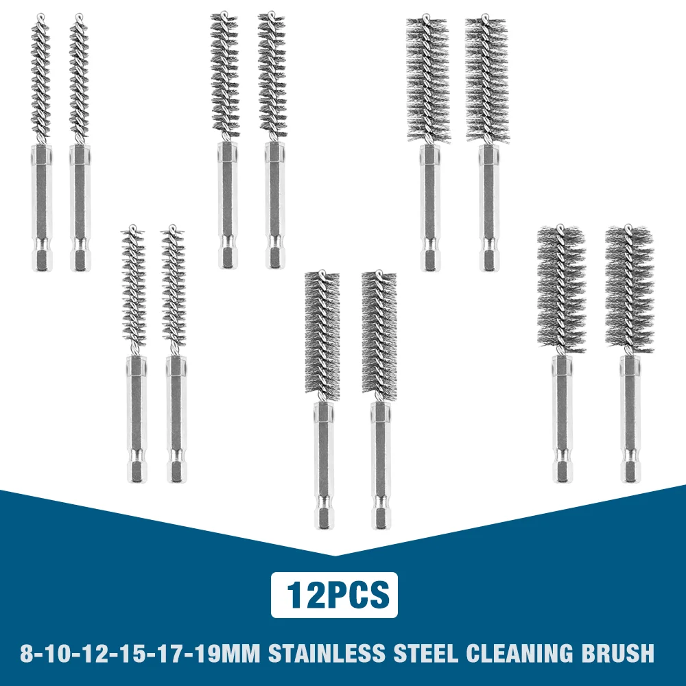 6/12-delige roestvrijstalen draadborstel, boorreinigingsborstelset, 1/4 inch zeskanthandvat, 8 mm 10 mm 12 mm 15 mm 17 mm 19 mm huishoudelijk slijp-, polijst-, reinigings- en
