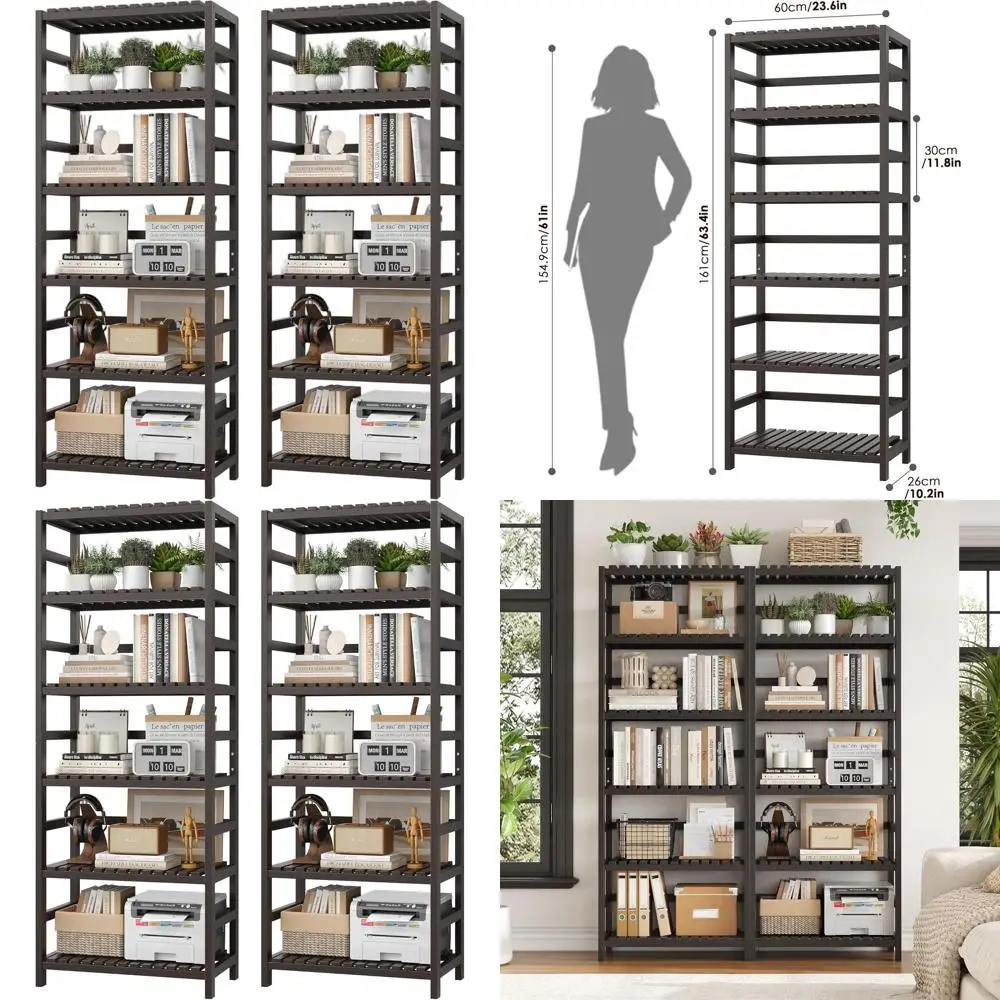 

6-ярусный бамбуковый стеллаж с 2 книжными полками, регулируемыми полками и нижней подставкой для хранения, подходит для книг, кухни, ванной комнаты