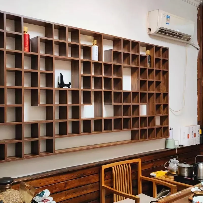 Solid Wood Wall Hanging Lattice Shelf Multi-functional Storage Rack for Teapot Book Jewelry and Teacup Display Organizer