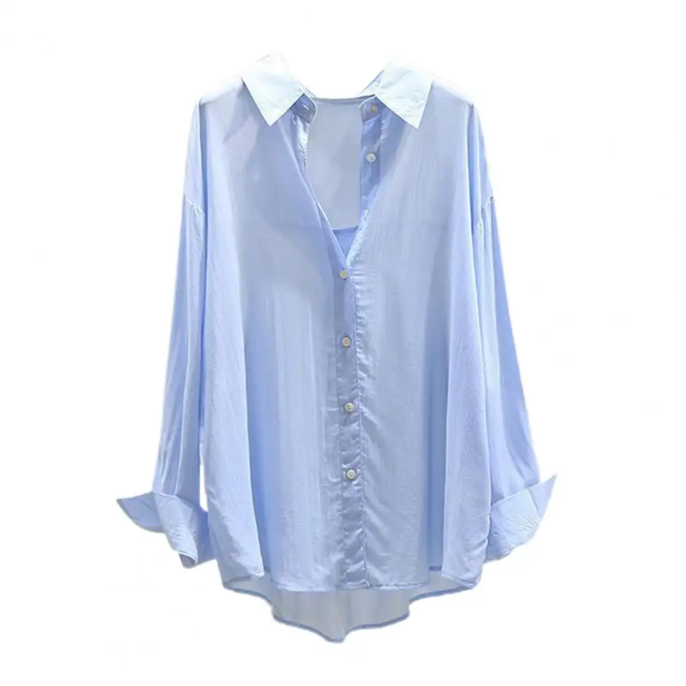 Chemise de protection solaire à revers fin pour femme, chemisier à manches longues, simple boutonnage, printemps et été, chemisier de protection solaire, Commute 03/Top