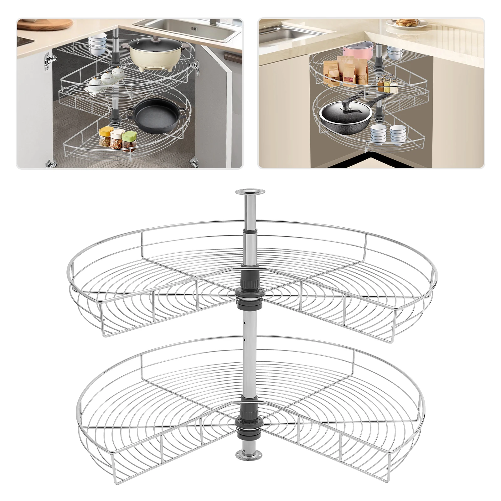 Scaffale girevole per ripiani portaoggetti da 56,5-79 cm, organizer per scaffali con cestello rimovibile a 2 livelli, scaffale da cucina girevole