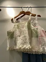 2026 Cotton Patchwork Lace Cami Top for Women, Floral Embroidery Sleeveless Spaghetti Strap Crop Tank Top with Ruffle Hem