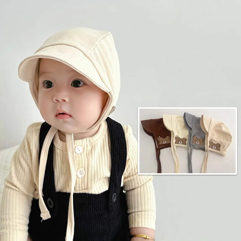 

Защитная шапка для ушей с милым медведем, головной убор для новорожденных, шапка для мальчиков и девочек, весенне-осенние шапочки на шнуровке, детские козырьки от солнца