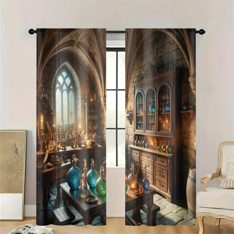 Dramatic Vintage Apothecary Shop Window Curtains Panel Rustic Antique Pharmacy Decor Bathroom Kitchen Background Drapery Art Scr