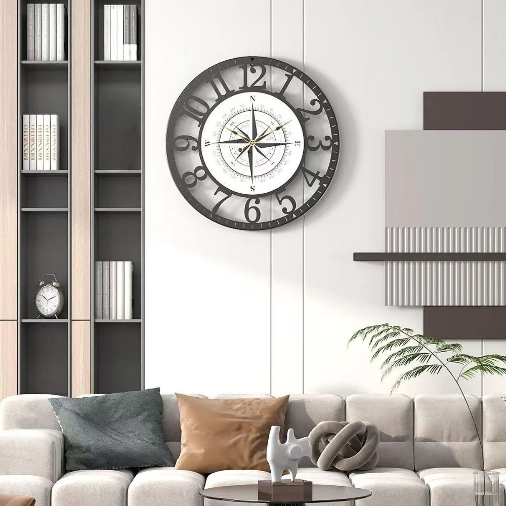 40cm Compass Design Metal Digital Wall Clock Modern Home Decoration Living Room Silent Wall Watch 16 Inch Compass Iron Clock