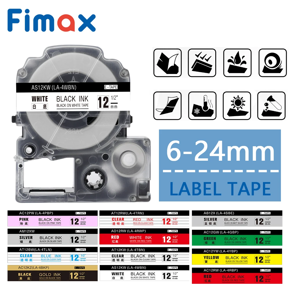 Fimax 1 unidad 6/9/12mm Compatible con marcador de etiquetas Epson SS12KW LC-4WBN cinta estándar negro sobre blanco para impresora de etiquetas