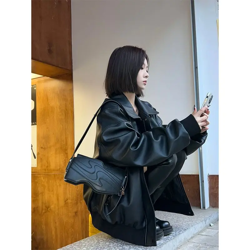 Solid Color Women's Clothing Simple Graceful Long Sleeve Spring Autumn Jackets Tops Fashion New Comfortable Black PU Jackets