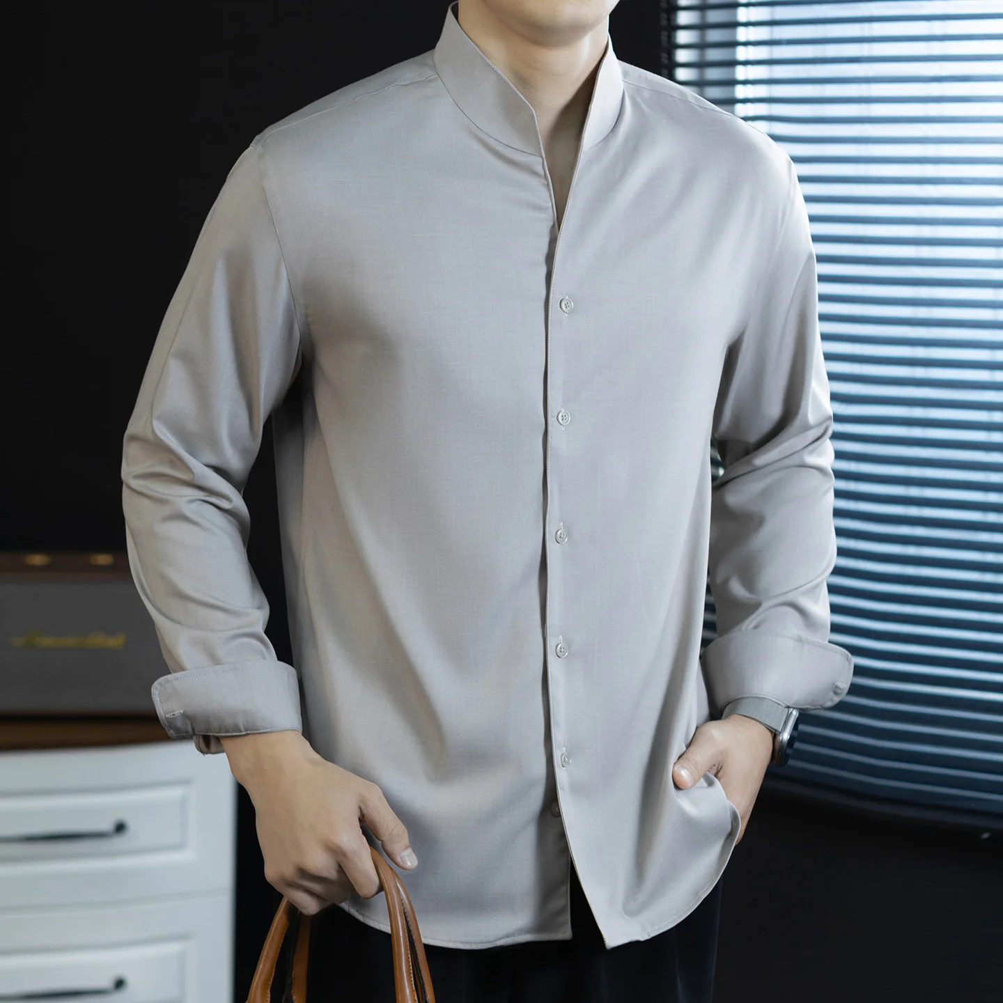 

Men's Stand Collar High-end Business Casual Fashion Vintage Long Sleeve Dress Shirts Man Commute Shirts Tops