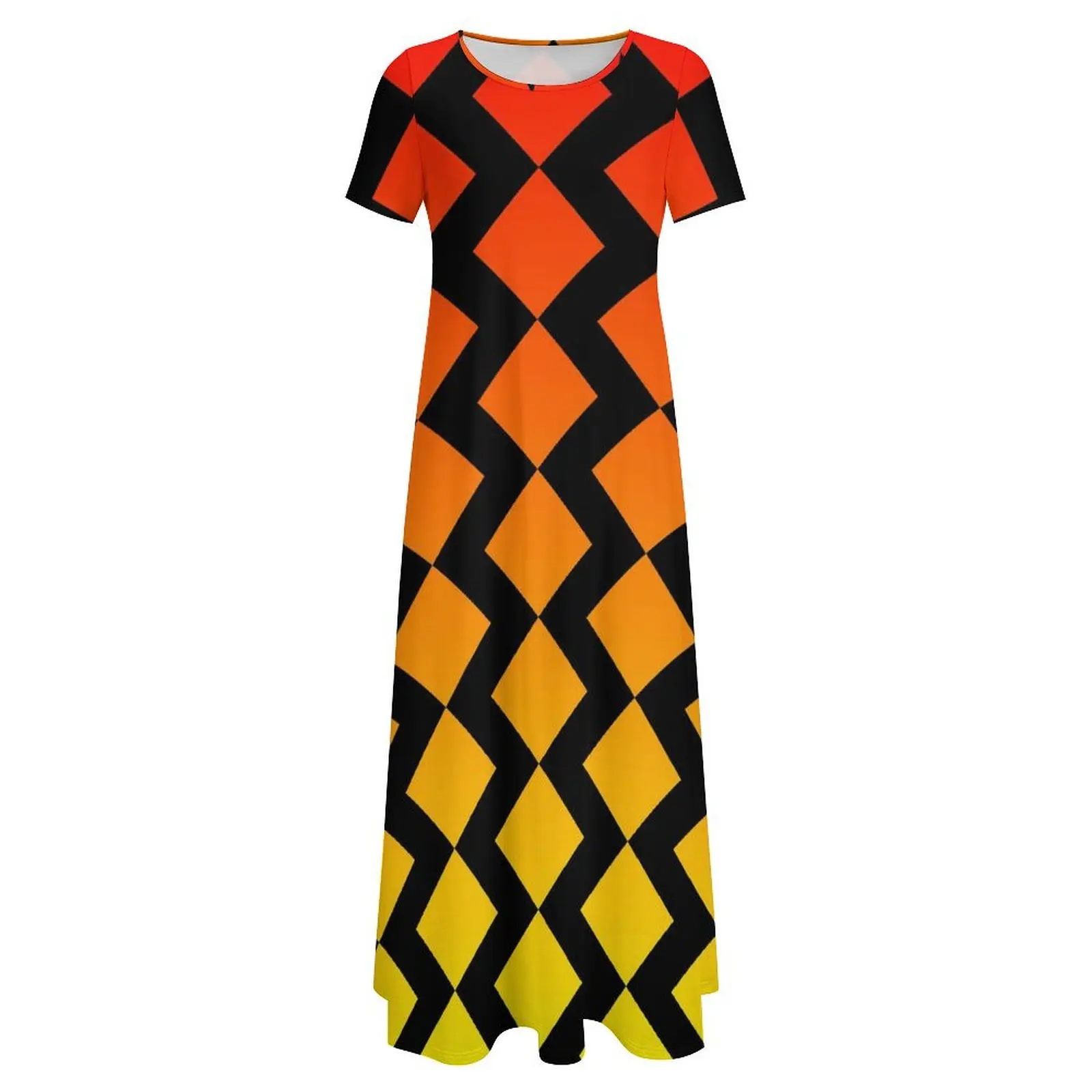 Abito Ombre da rosso a giallo Zig Zag Abito maxi carino Abbigliamento da strada Abiti lunghi da spiaggia Boho Abiti da donna a maniche corte di grandi dimensioni