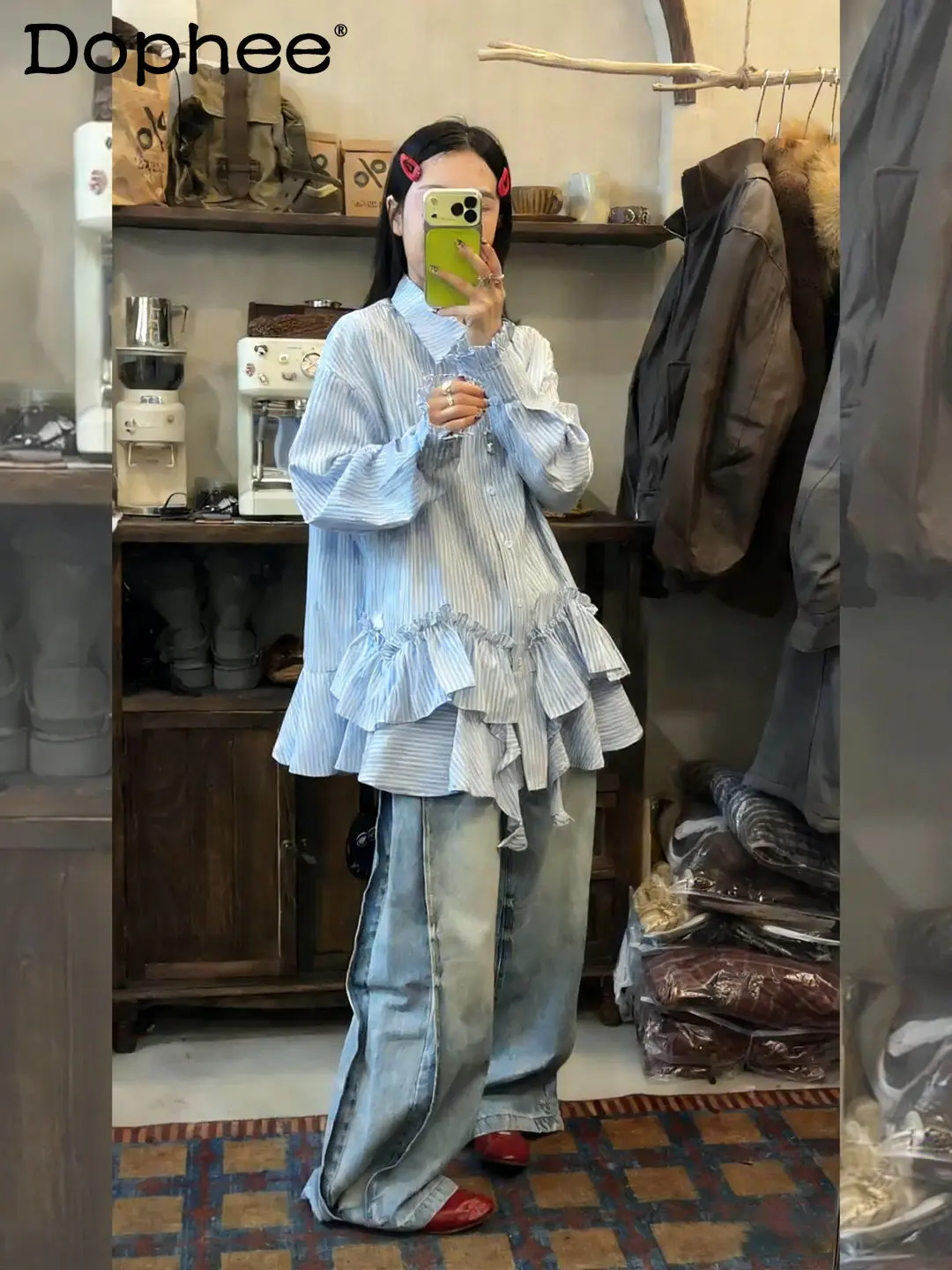 

2026 Spring New Korean Style Ruffled Striped Long Sleeve Shirt Loose Casual Design for Daily Commuting Women's Top