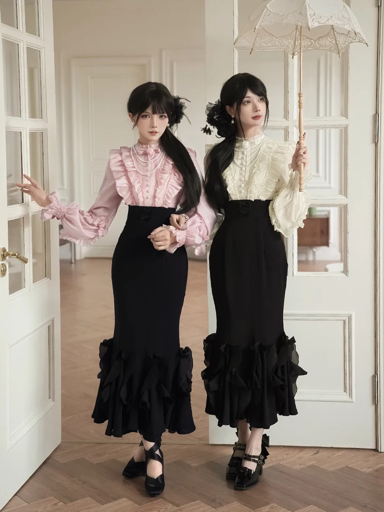 Original elegante babados retalhos gola manga longa cintura alta fino ajuste bodycon sereia vintage vestido longo feminino outono