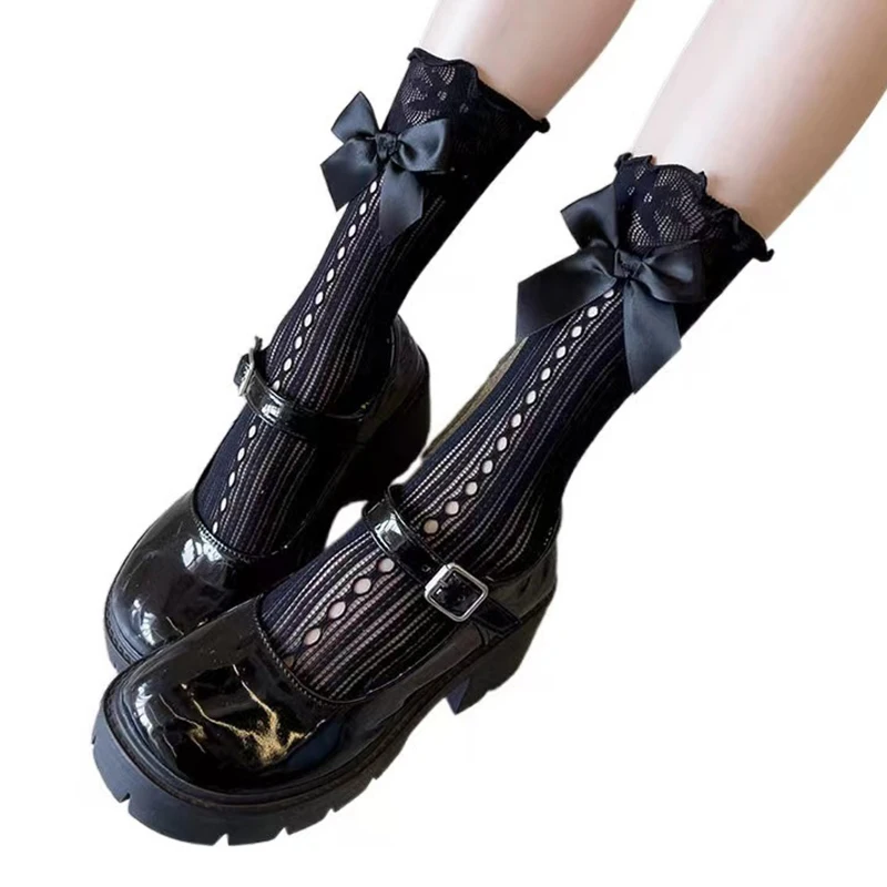 Meias de renda alta para mulheres, arco bonito, meias de bezerro, princesa meninas, trajes de estudante Lolita, acessórios