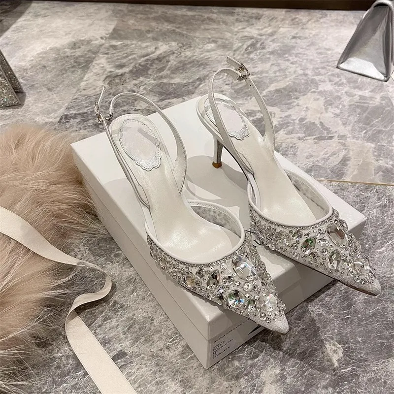 Spring and summer pointed shallow mesh crystal wedding shoes thin high-heeled banquet dress large size small size women\'s sandal