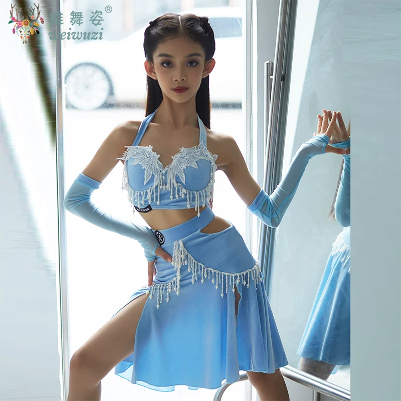 Lateinamerikanisches Tanzkleid für Kinder, Ballsaal-Tanzkleid mit Perlen, Rumba ChaCha Samba Tango Samt-Wettbewerbskleidung