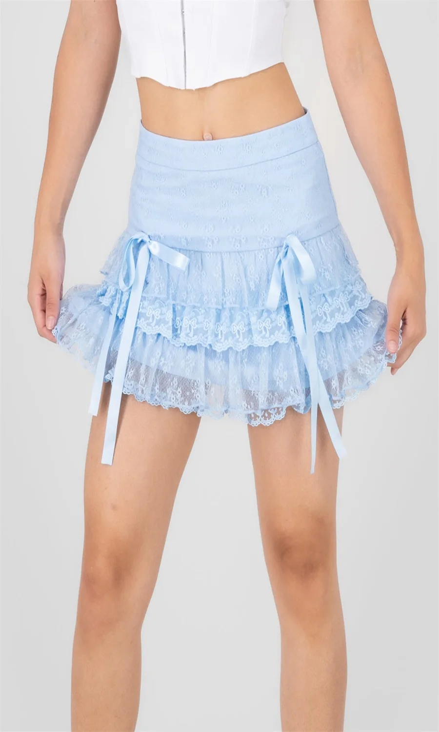 Women s Flared High Waist Skirts with Bow Detail and Ruffle Hem - Elegant Lace Trimmed Mini Skirt for a Chic Look