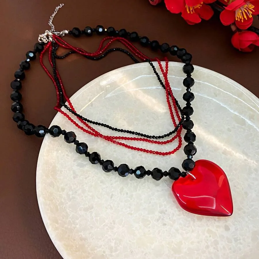 

Heart-Shaped Beaded Multi-Layer Necklace, Unique Design Clavicle Chain, Vintage Fashion Accessory