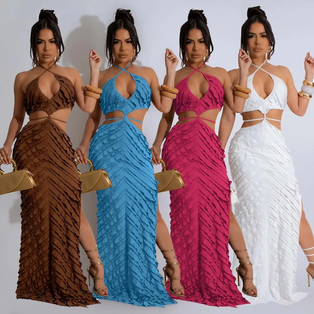 Halter Ruffle Long Dress Lady Sexy Party Bodycon Evening Dresses Women Summer Elegant Luxury Birthday Club Maxi V Neck Dresses