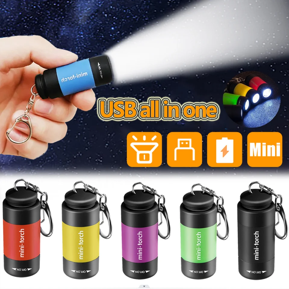 USB 충전식 LED 다기능 강력 조명 포켓 키체인 손전등 방수 야외 하이킹 캠핑 미니 손전등